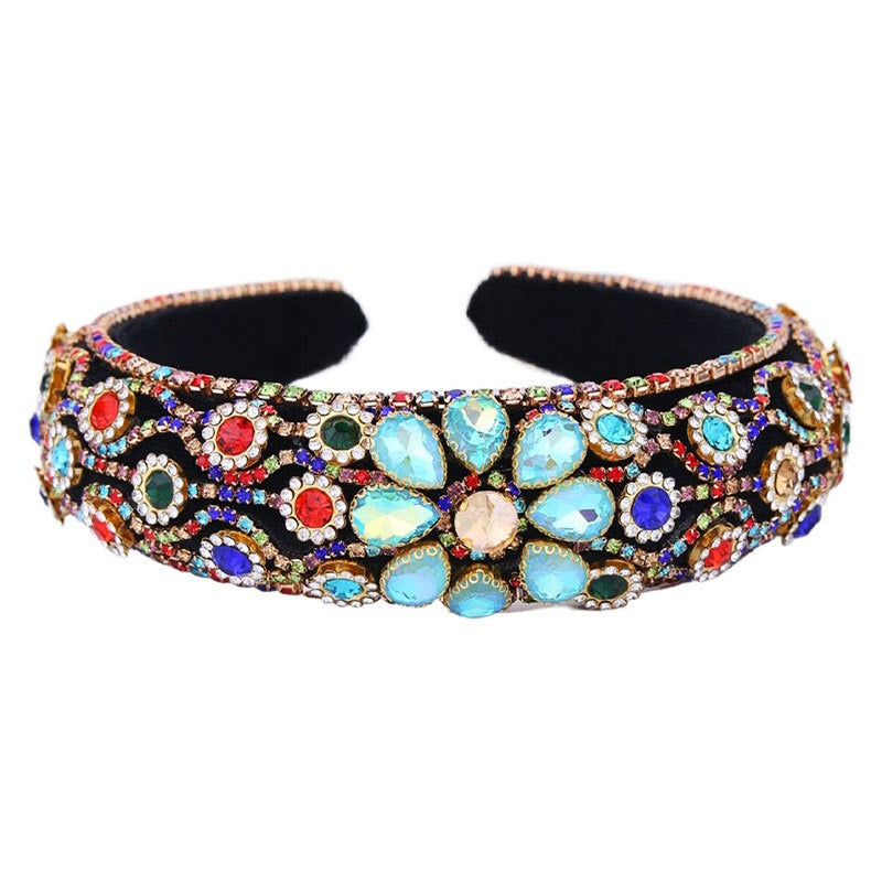 Claw inlaid colored glass diamond flower full diamond wide edge sponge head hoop - V.I.P Digital Presence