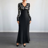 Sexy Retro Lace Splicing Long Sleeve V-neck Dress for Evening and Date - V.I.P Digital Presence