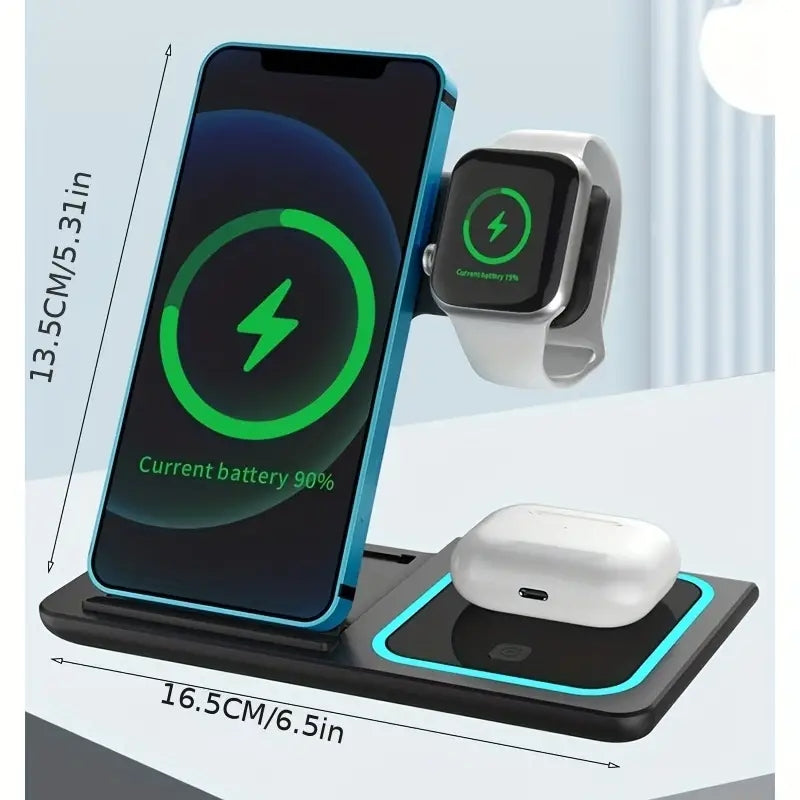 Base de carga inalámbrica 3 en 1 para iPhone 14, 13, 12, 11, X, iWatch 8, 7, Airpods, plegable, 15 W, estación de carga rápida