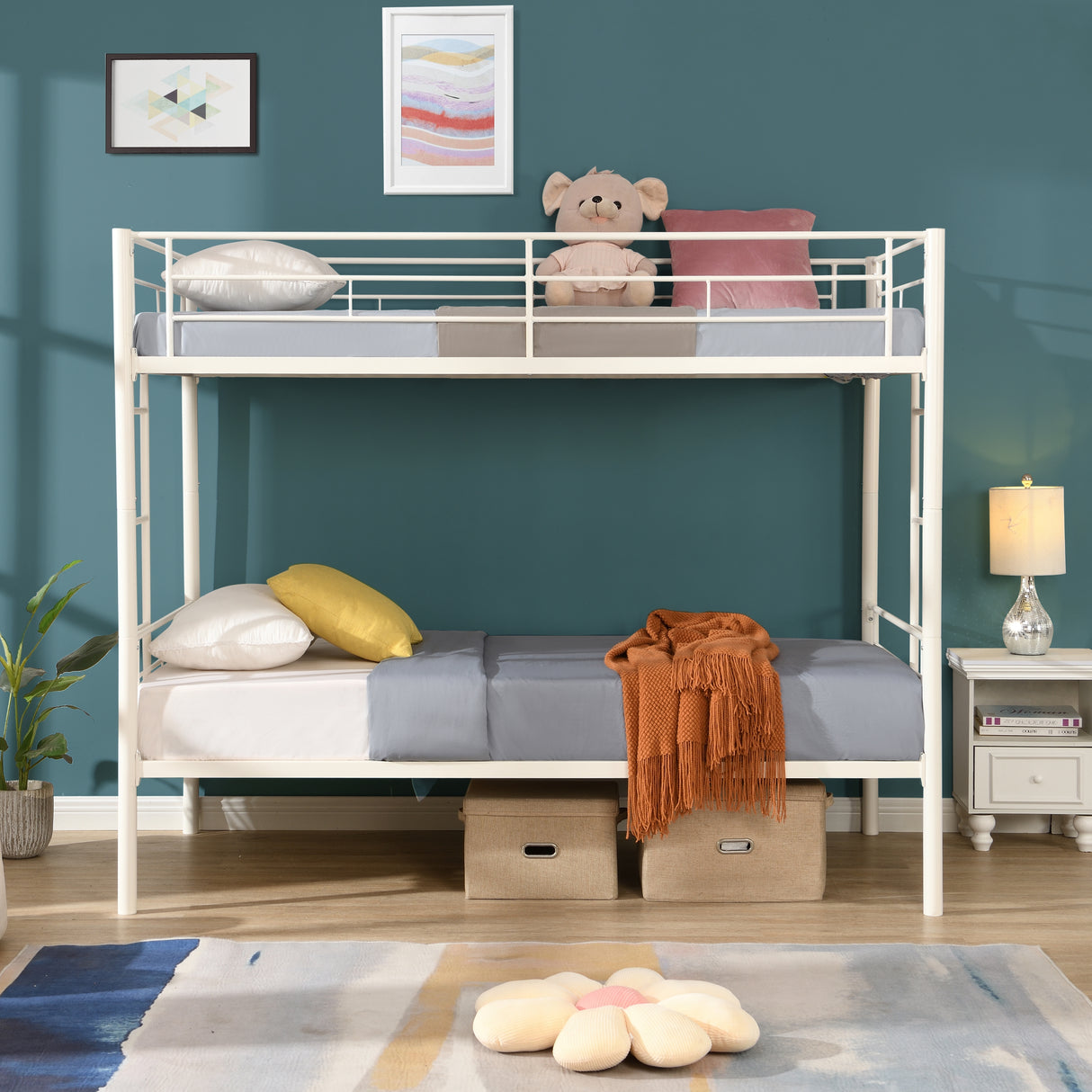 Twin metal bunk beds, metal structure bed frame with safety guardrails and 2 ladders, convertible bunk beds, white - V.I.P Digital Presence