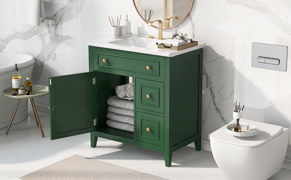 30" Bathroom Vanity with Sink Top, Bathroom Vanity Cabinet with Door and Two Drawers, Solid Wood Frame, One Package, Green - V.I.P Digital Presence