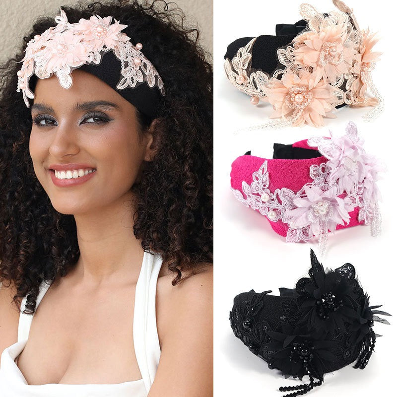 Hand embroidered three-dimensional simulation crystal flower headband pearl headband - V.I.P Digital Presence