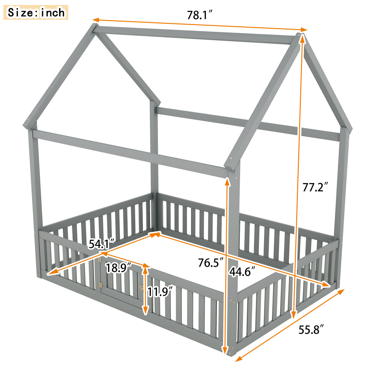 Full Size Wood House Bed with Fence and Door, Gray - V.I.P Digital Presence