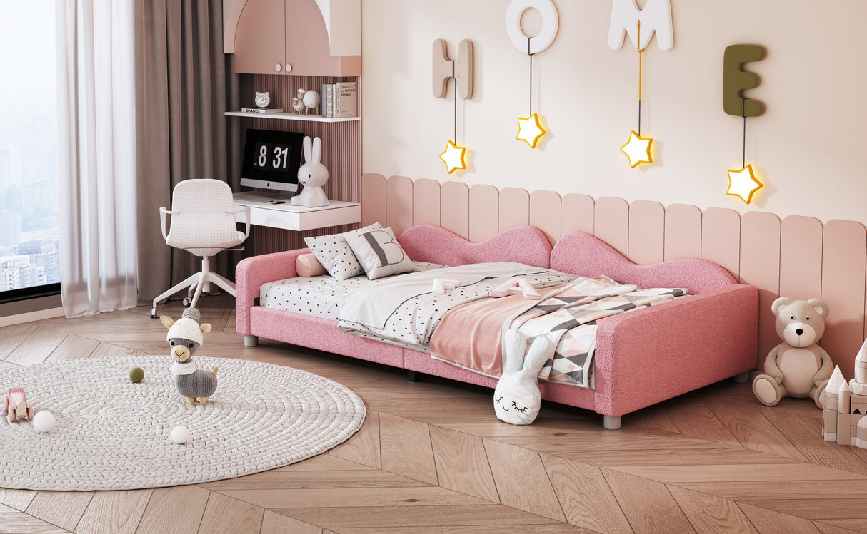 Twin size Upholstered Daybed, Sherpa Fabric Sofabed with Cloud-Shaped Backrest, No Box-spring Needed, Pink - V.I.P Digital Presence