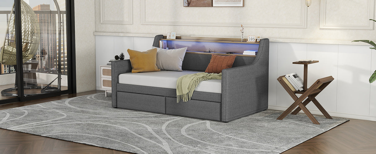 Twin Size Daybed with Storage Drawers, Upholstered Daybed with Charging Station and LED Lights, Gray - V.I.P Digital Presence