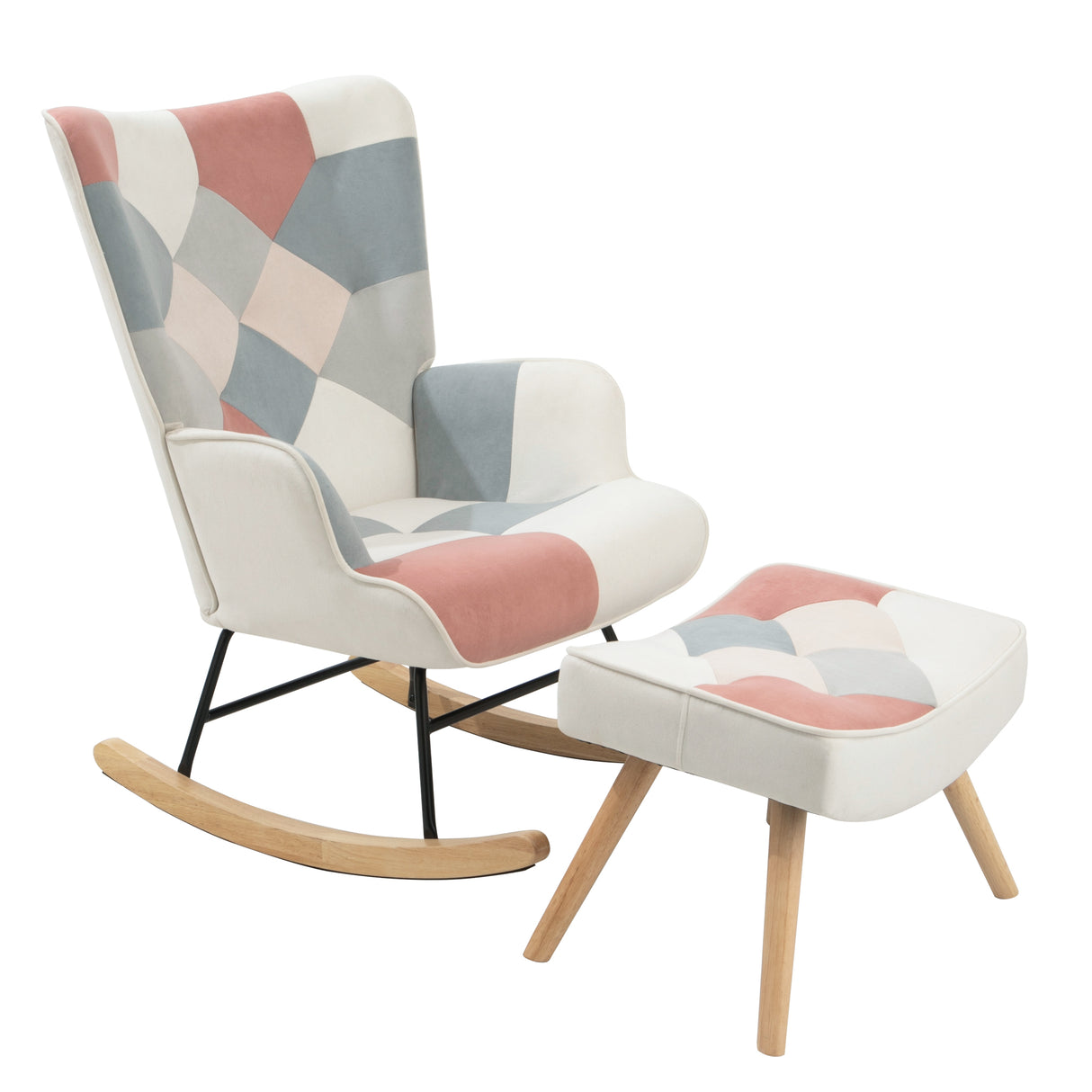 Rocking Chair with ottoman, Mid Century Fabric Rocker Chair with Wood Legs and Patchwork Linen for Livingroom Bedroom - V.I.P Digital Presence