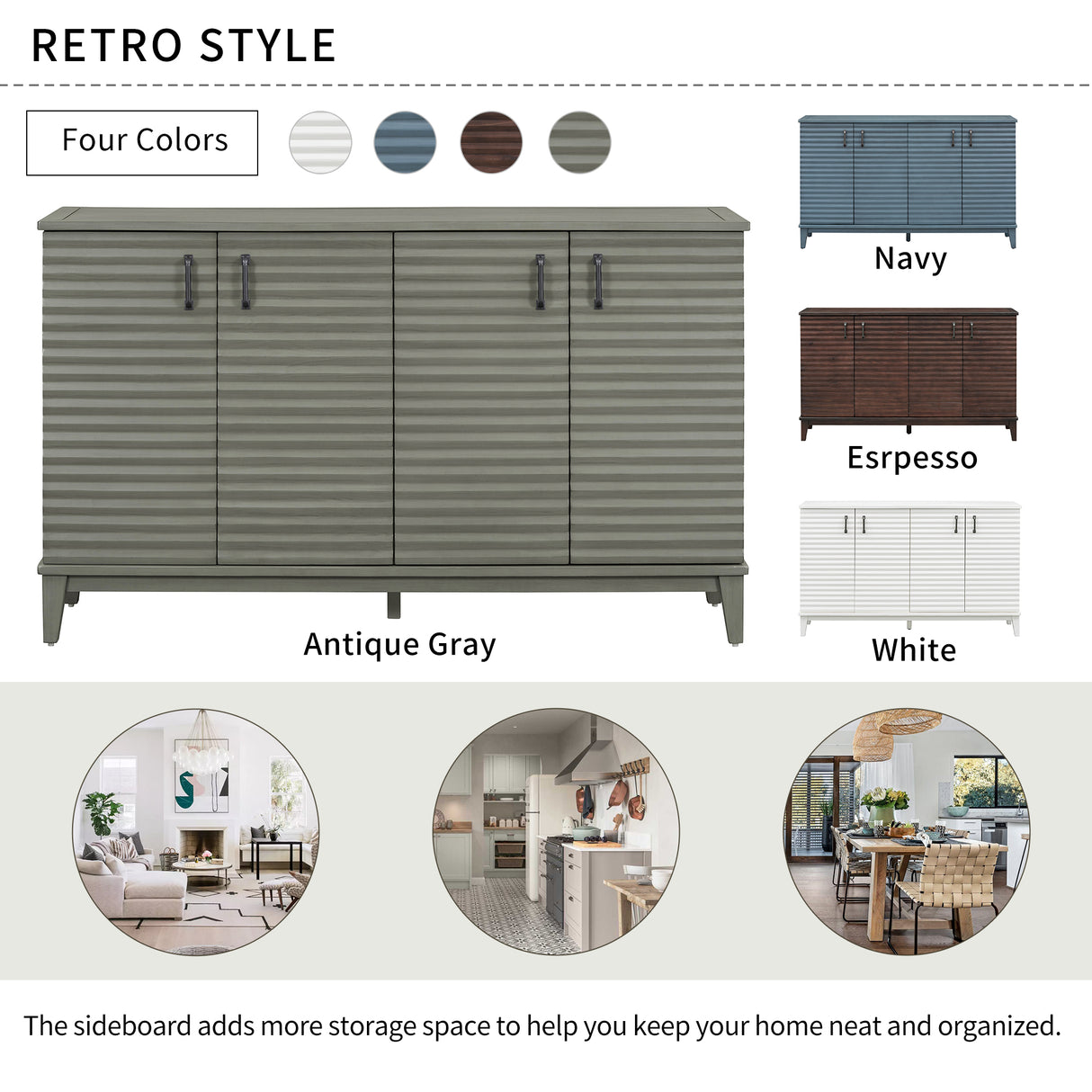 TREXM side panel with 4-door large storage buffet, adjustable shelves and metal handles (antique gray) - V.I.P Digital Presence