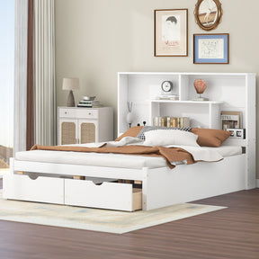 Queen Size Platform Bed with Storage Headboard and 2 Drawers, White - V.I.P Digital Presence