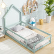 Twin Size Wood bed with House-shaped Headboard Floor bed with Fences,Light Green - V.I.P Digital Presence