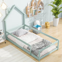 Twin Size Wood bed with House-shaped Headboard Floor bed with Fences,Light Green - V.I.P Digital Presence