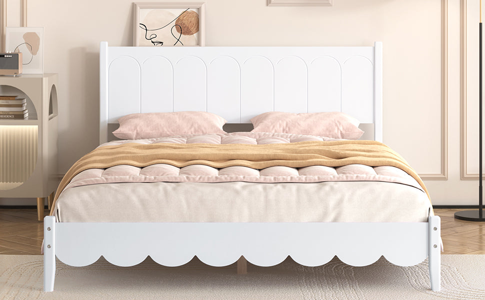 Queen Size Wood Platform Bed Frame, Retro Style Bed with Rectangular Headboard,No Need Box Spring,White - V.I.P Digital Presence