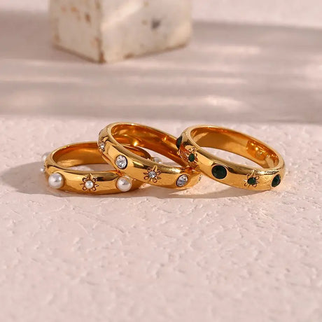 18K Gold Plated Green Zircon Pearl Rings For Women Waterproof Hypoallergenic Dainty Gold Ring Stainless Steel Jewelry - V.I.P Digital Presence