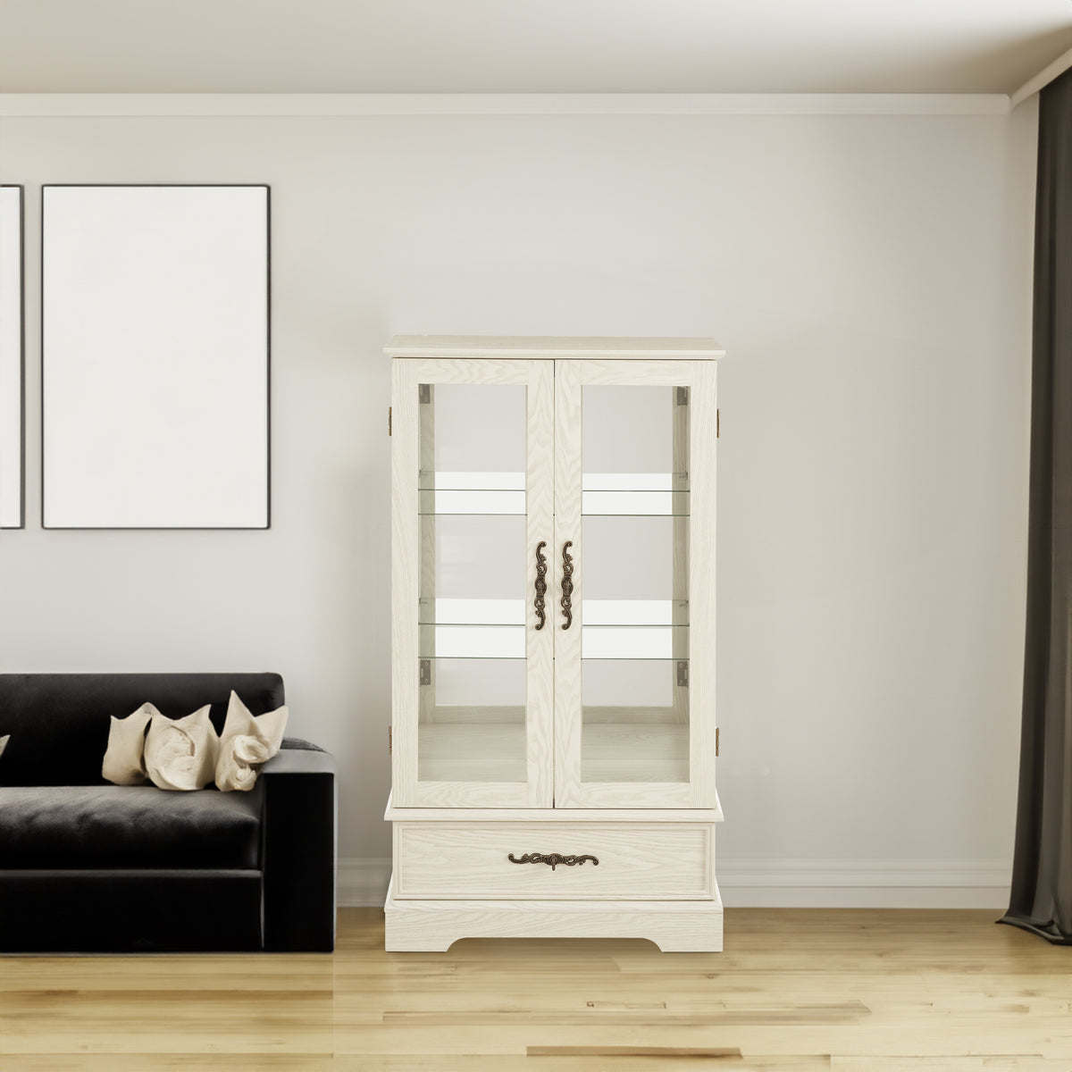 Light colored glass cabinet Curio display cabinet with adjustable glass frame, 2 doors and 1 drawer, including white light bulbs - V.I.P Digital Presence