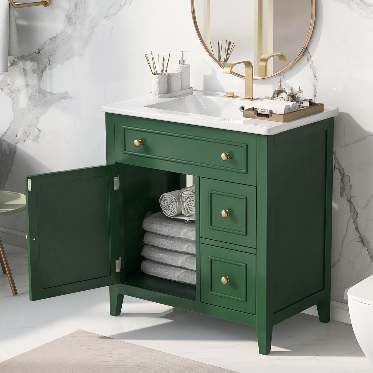30" Bathroom Vanity with Sink Top, Bathroom Vanity Cabinet with Door and Two Drawers, Solid Wood Frame, One Package, Green - V.I.P Digital Presence