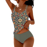 Digital Printed Shoulder Strap Tankini High Waist Triangle Pants Split Swimsuit for Women - V.I.P Digital Presence