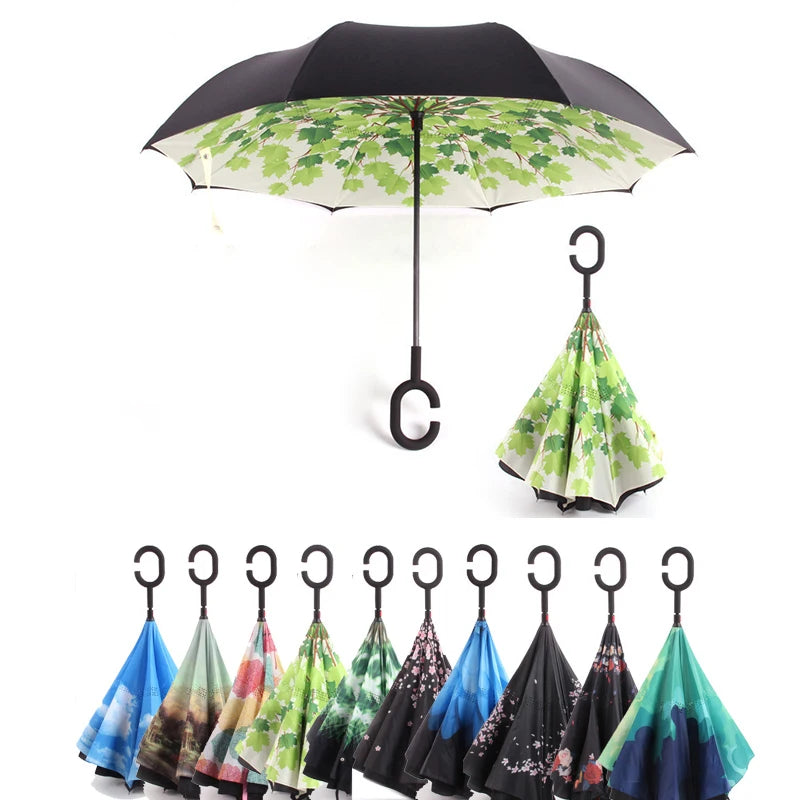 C Handle Windproof Reverse Folding Umbrella Man Women Sun Rain Car Inverted Umbrellas - V.I.P Digital Presence