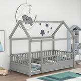 Twin Size Floor Wooden Bed with House Roof Frame Fence Guardrails Grey - V.I.P Digital Presence