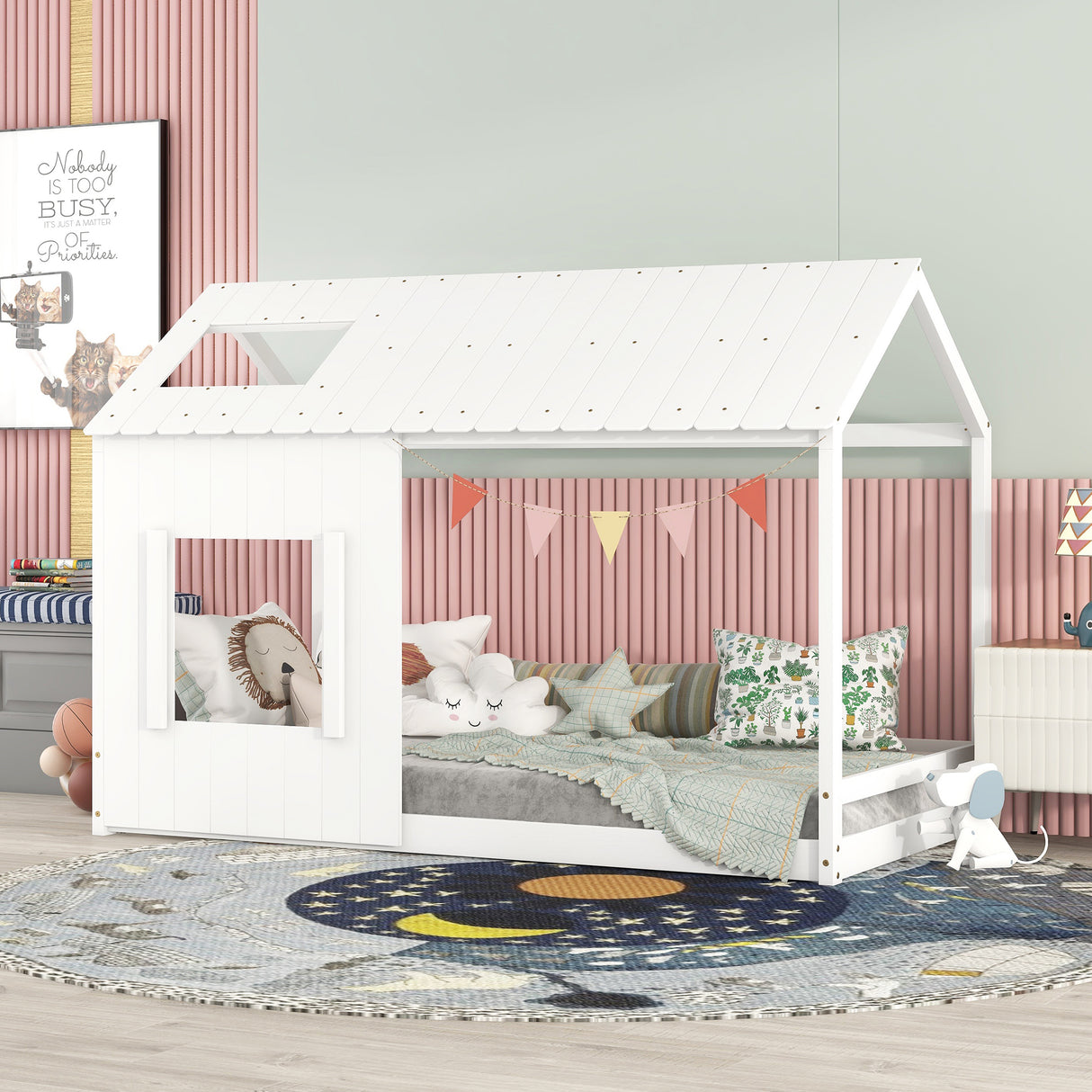 Twin Size House Bed with Roof and Window - White - V.I.P Digital Presence
