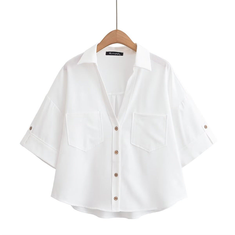 Elegant  Style Women's Fashion Casual Versatile V-Neck Short Sleeve Crop Shirt - V.I.P Digital Presence