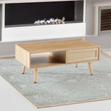 41.34" Rattan Coffee table sliding door for storage solid wood legs Modern table for living room  natural - V.I.P Digital Presence