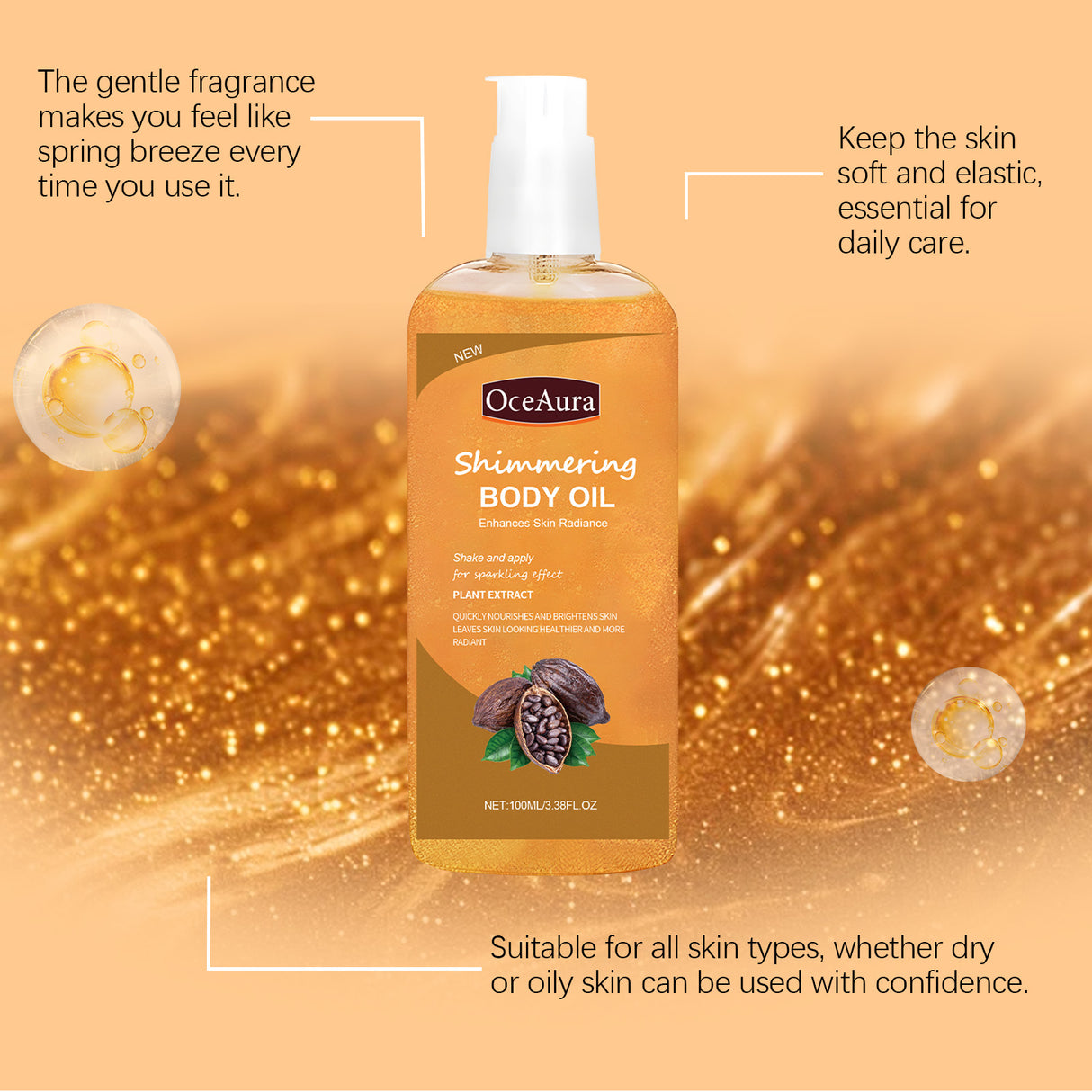Aceite corporal hidratante brillante que hidrata y nutre el cuerpo. Cuidado diario. Aceite esencial para masaje corporal completo.