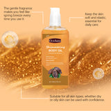 Aceite corporal hidratante brillante que hidrata y nutre el cuerpo. Cuidado diario. Aceite esencial para masaje corporal completo.