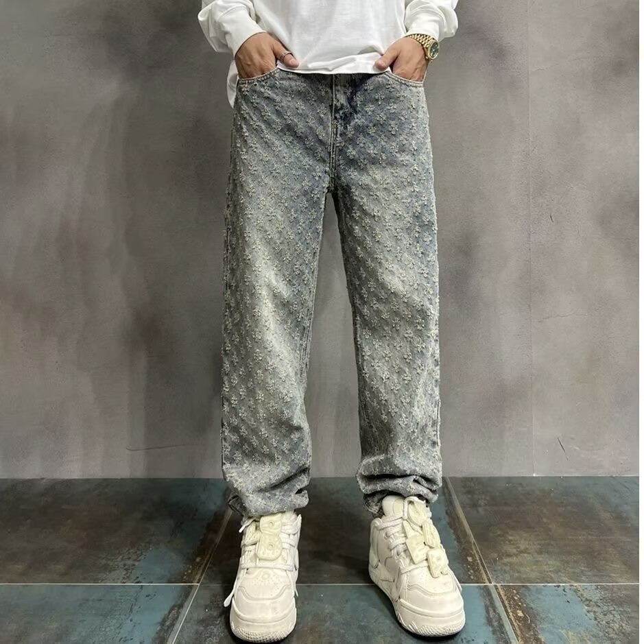 High Street Hip Hop Trousers, Trendy Brand Cool and Handsome Jacquard Full Print Jeans for Men, American Style Vibe Straight Leg Pants - V.I.P Digital Presence