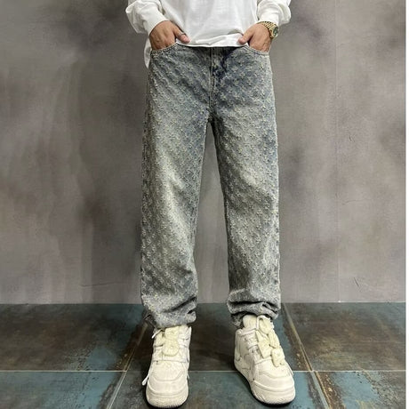 High Street Hip Hop Trousers, Trendy Brand Cool and Handsome Jacquard Full Print Jeans for Men, American Style Vibe Straight Leg Pants - V.I.P Digital Presence