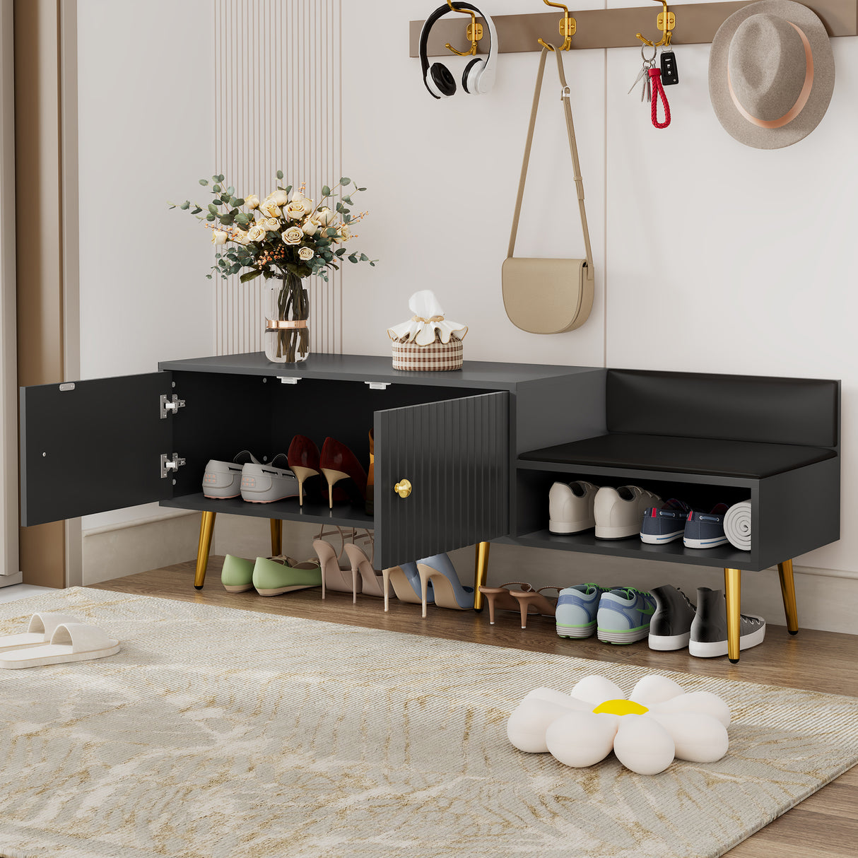 Modern Shoe Storage Bench with Hidden Storage and Upholstered Cushions for Bedside, Living Room and Entryway (Gray) - V.I.P Digital Presence