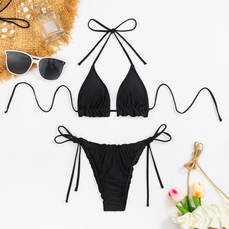 Solid color lace up backless sexy bikini split swimsuit - V.I.P Digital Presence