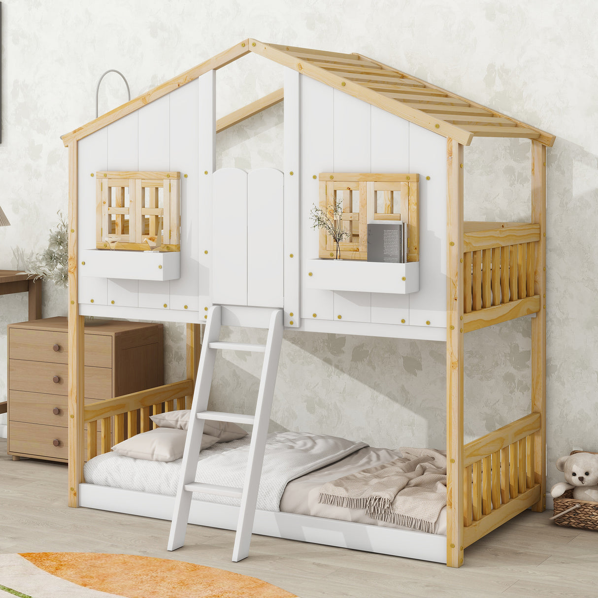Twin over Twin House Bunk Bed with Roof , Window, Window Box, Door , with Safety Guardrails and Ladder, Natural/White - V.I.P Digital Presence