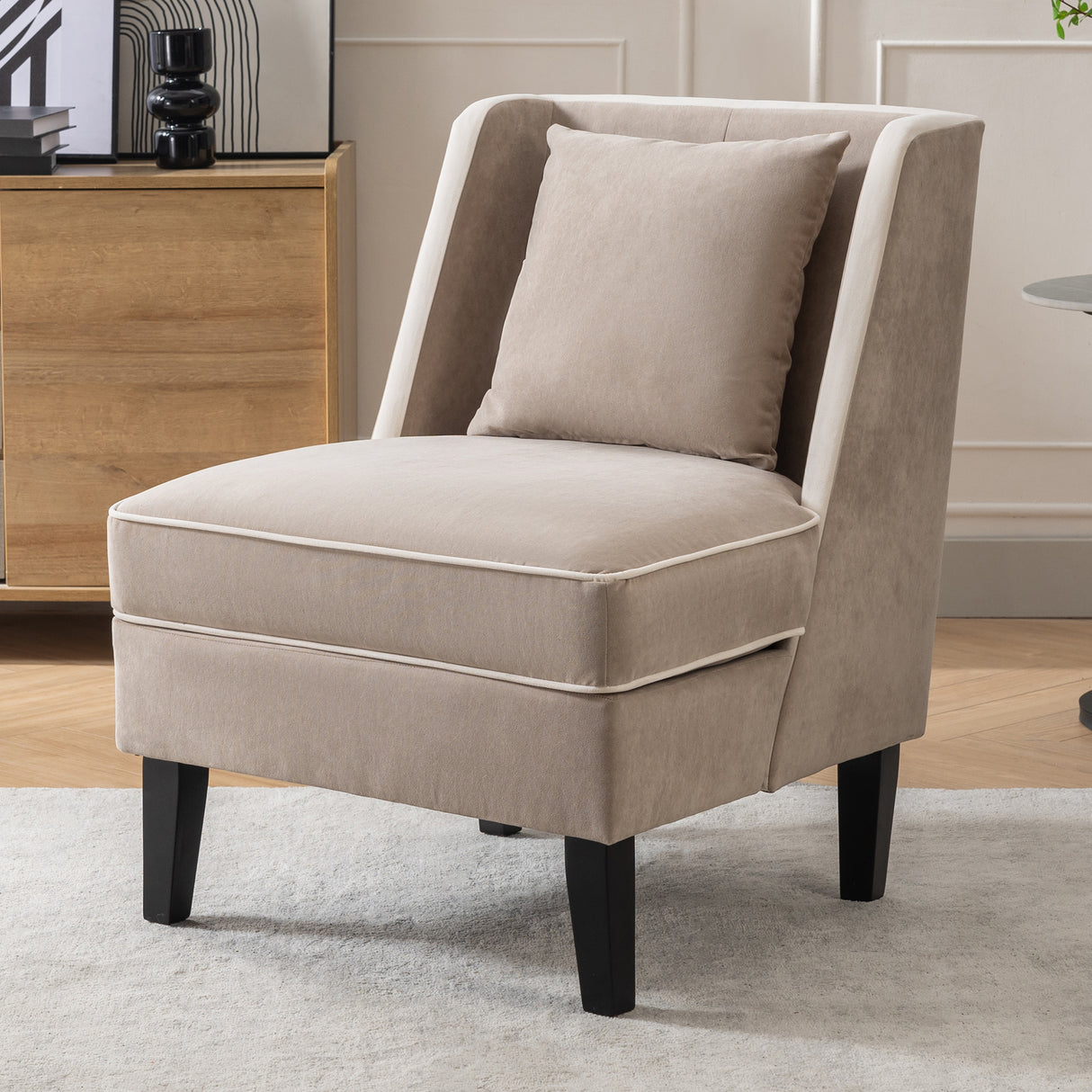 Velvet Upholstered Accent Chair with Cream Piping, Tan and Cream - V.I.P Digital Presence