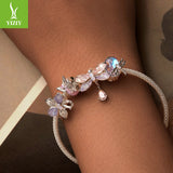 Silver Charm Pink Butterfly DIY Silicone Positioning Bracelet with Separated Beads Romantic Spring Day s925 Pure Silver Beads Loose Beads - V.I.P Digital Presence