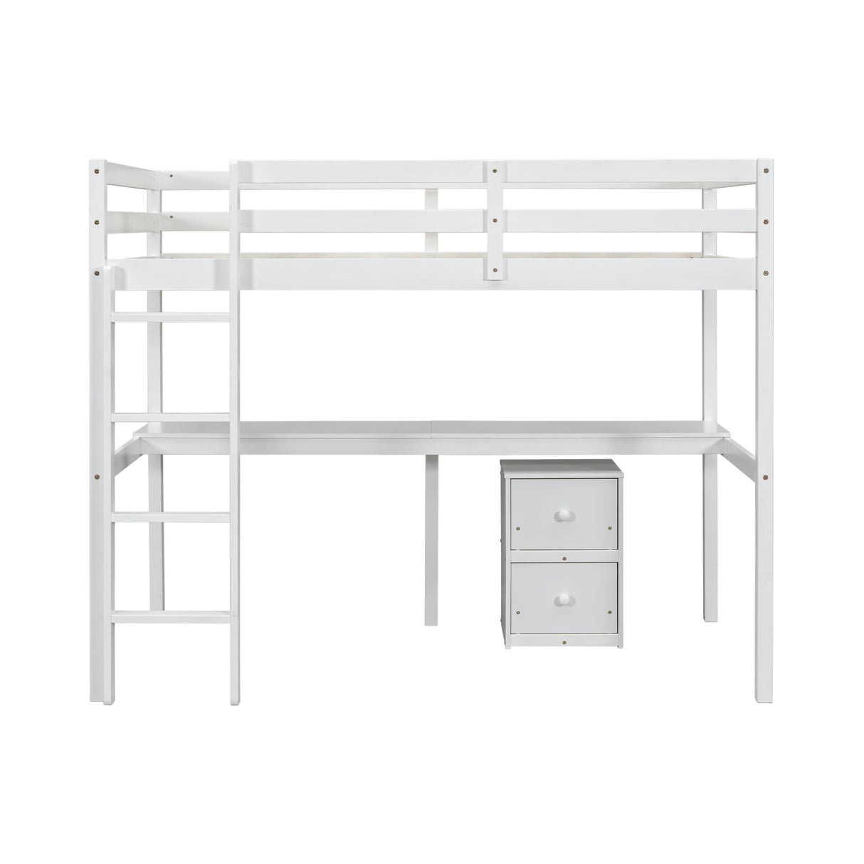 Twin Loft Wood Bed with Under-bed, Built-in Desk, a Storage Cabinet of 2 Drawers, Guardrails, Ladder,White - V.I.P Digital Presence