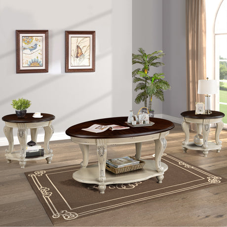 42 inch oval wooden coffee table, 2-story solid wood cocktail table with open storage rack, antique white and cherry tabletop - V.I.P Digital Presence