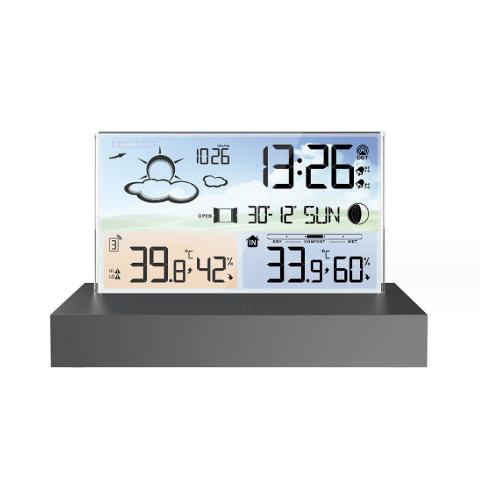 Transparent glass weather clock 3396C color screen RF wireless multi function weather forecast electronic alarm clock - V.I.P Digital Presence