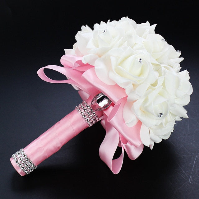 White Ivory Bridal Bridesmaid Flower Wedding Bouquet Artificial Flower Rose Bouquet Crystal Bridal Bouquets - V.I.P Digital Presence