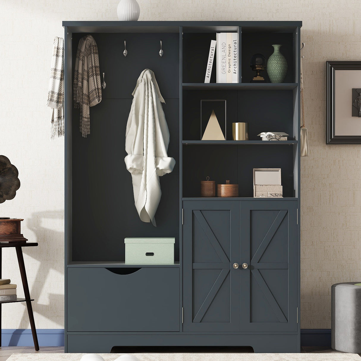 Multi-functional Hall Tree with Storage Shelves Drawers and Cabinet, Elegant Hallway Shoe Cabinet with Bench Antique Blue - V.I.P Digital Presence