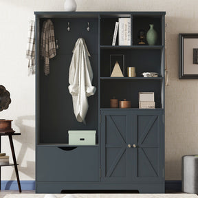 Multi-functional Hall Tree with Storage Shelves Drawers and Cabinet, Elegant Hallway Shoe Cabinet with Bench Antique Blue - V.I.P Digital Presence