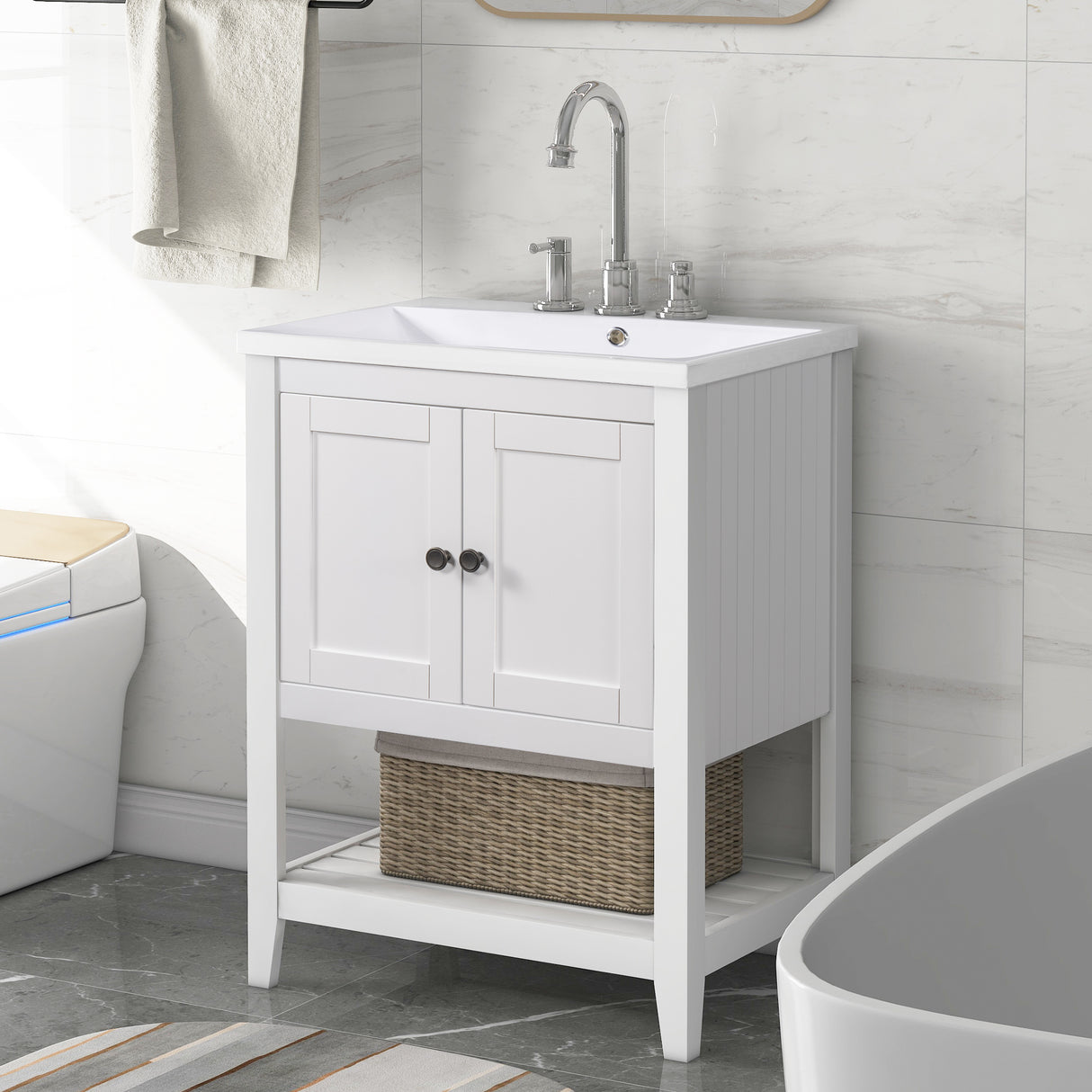 24" White Modern Sleek Bathroom Vanity Elegant Ceramic Sink with Solid Wood Frame Open Style Shelf - V.I.P Digital Presence