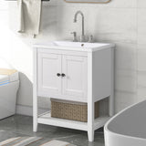 24" White Modern Sleek Bathroom Vanity Elegant Ceramic Sink with Solid Wood Frame Open Style Shelf - V.I.P Digital Presence