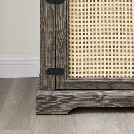 Vine TV stand console table, suitable for TVs under 70 inches, equipped with 2 storage shelves and 2 natural rattan doors, gray - V.I.P Digital Presence