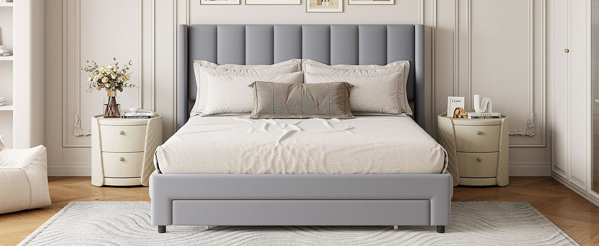 Full Size Storage Bed Velvet Upholstered Platform Bed with a Big Drawer - Gray - V.I.P Digital Presence