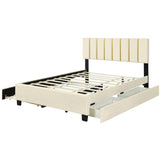 Queen Size Upholstered Platform Bed with 2 Drawers and 1 Trundle, Classic Metal Strip Headboard Design, Beige - V.I.P Digital Presence