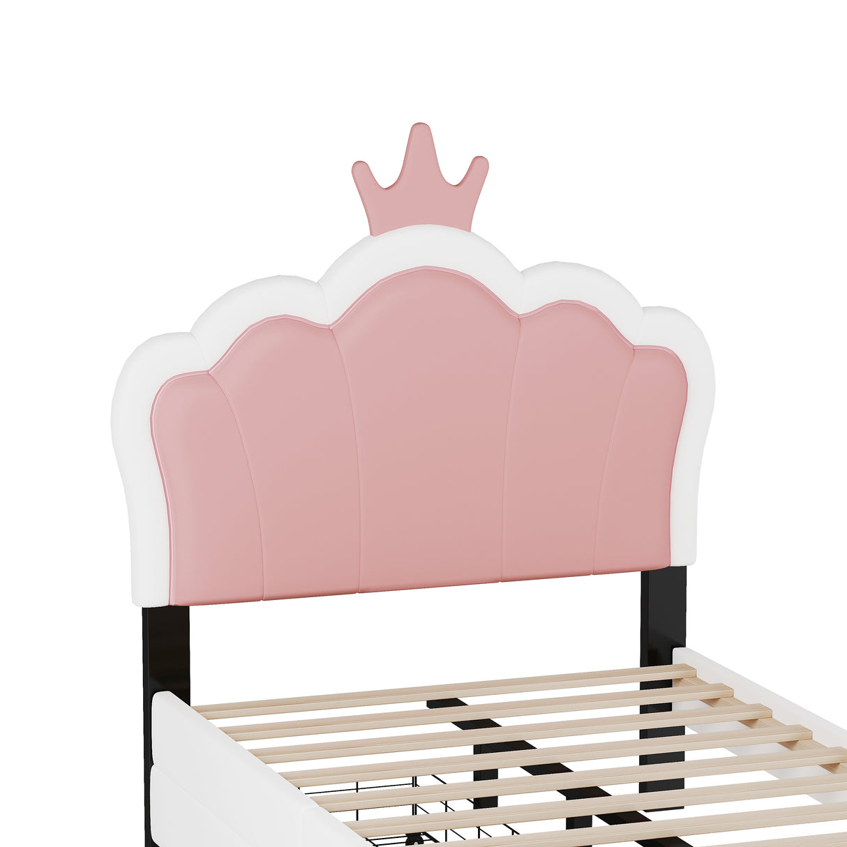 Twin cushion princess bed with crown headboard and 2 drawers with headboard and footrest, pink+white - V.I.P Digital Presence