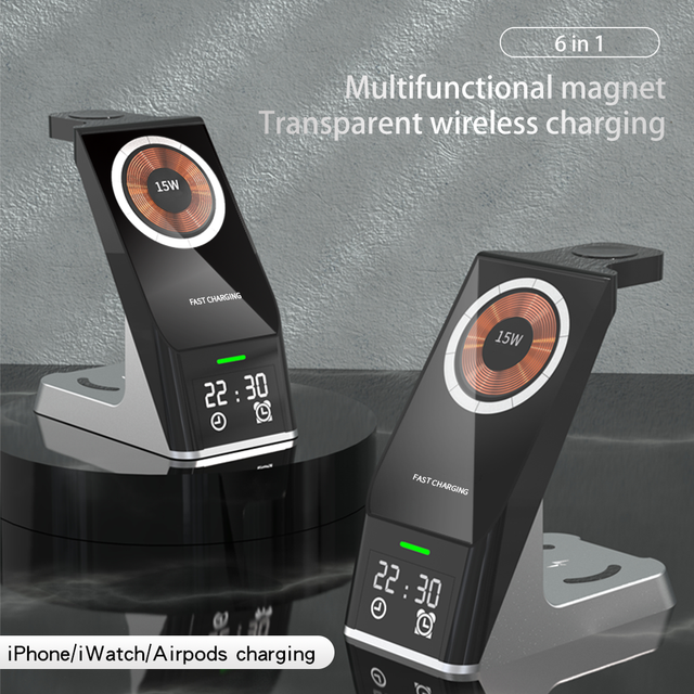Wireless Charger 6-In-1 Multi-Function Clock Alarm Clock For Apple 14 Mobile Phone Headset Watch Magnetic Suction Fast Charging - V.I.P Digital Presence