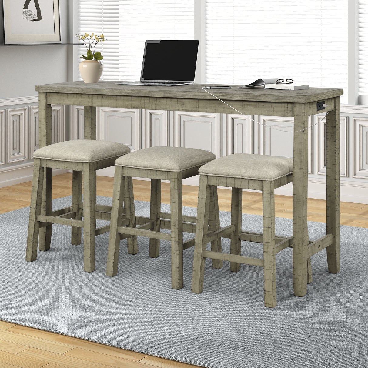 TOPMAX 4 Pieces Counter Height Table with Fabric Padded Stools,Rustic Bar Dining Set with Socket,Gray Green - V.I.P Digital Presence