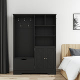 Multi-functional Hall Tree with Storage Shelves Drawers and Cabinet, Elegant Hallway Shoe Cabinet with Bench Modern Black - V.I.P Digital Presence