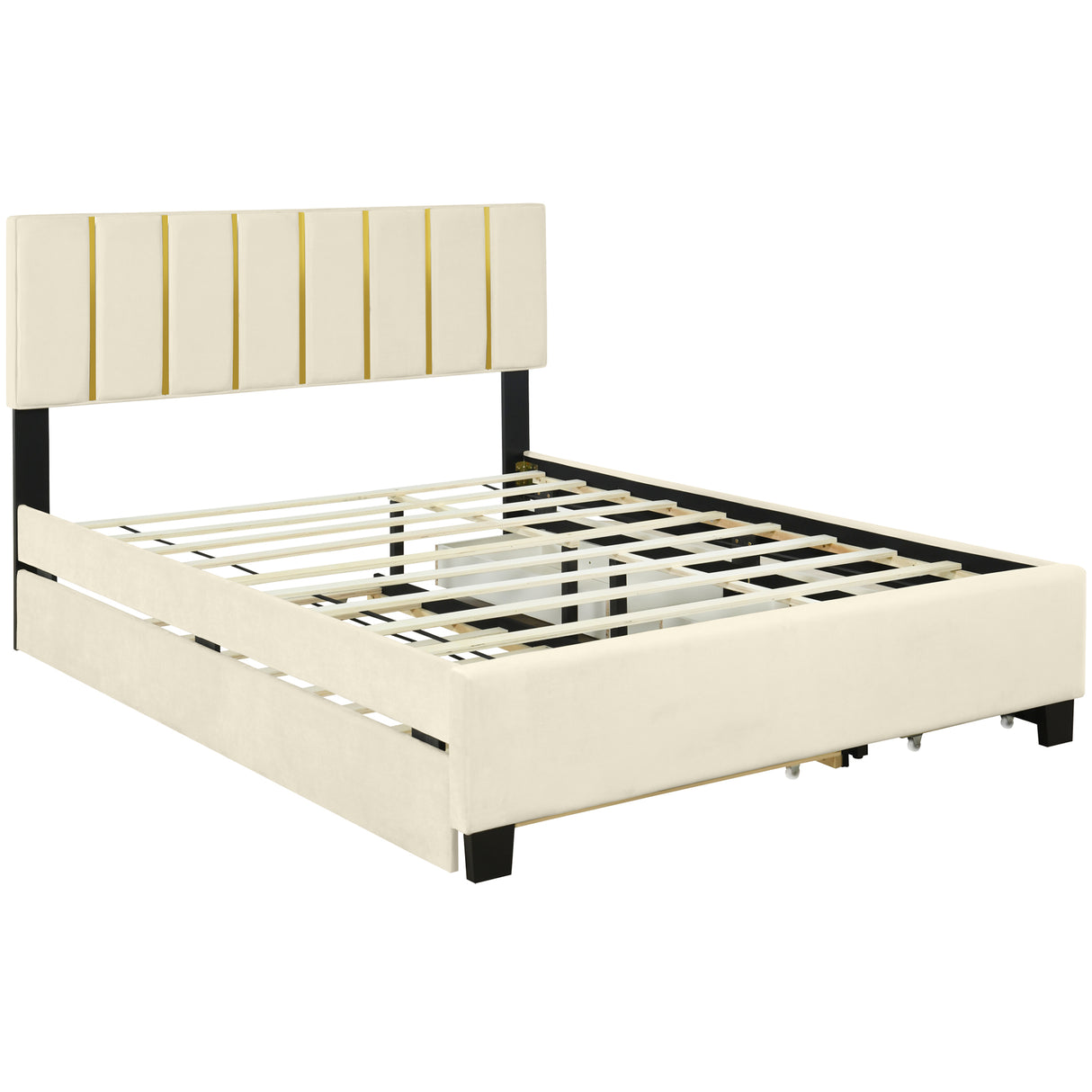Queen Size Upholstered Platform Bed with 2 Drawers and 1 Trundle, Classic Metal Strip Headboard Design, Beige - V.I.P Digital Presence