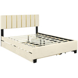 Queen Size Upholstered Platform Bed with 2 Drawers and 1 Trundle, Classic Metal Strip Headboard Design, Beige - V.I.P Digital Presence